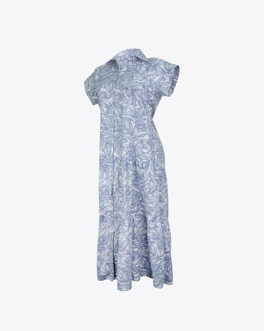 Vestido Camisero Maxi Lino Estampado Blue