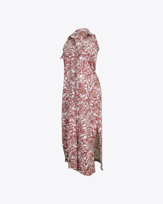 Vestido camisero maxi lino estampado vino
