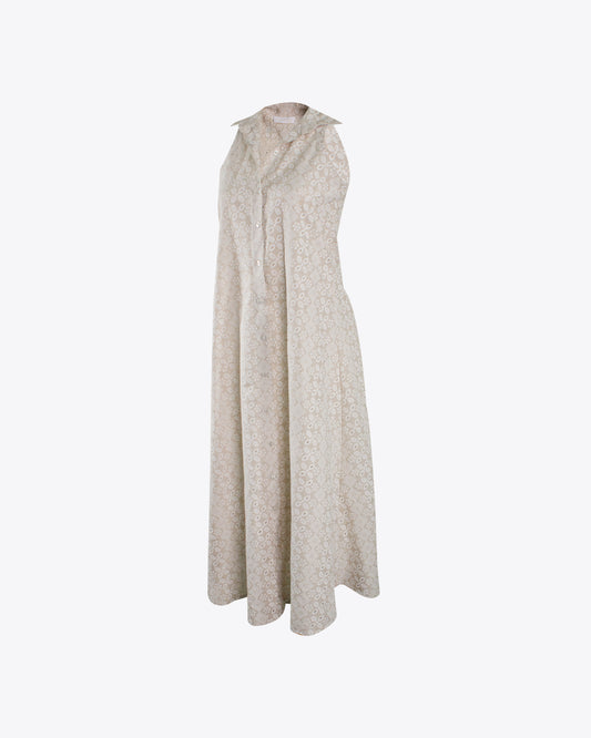 Vestido camisero maxi lino brocado Cream