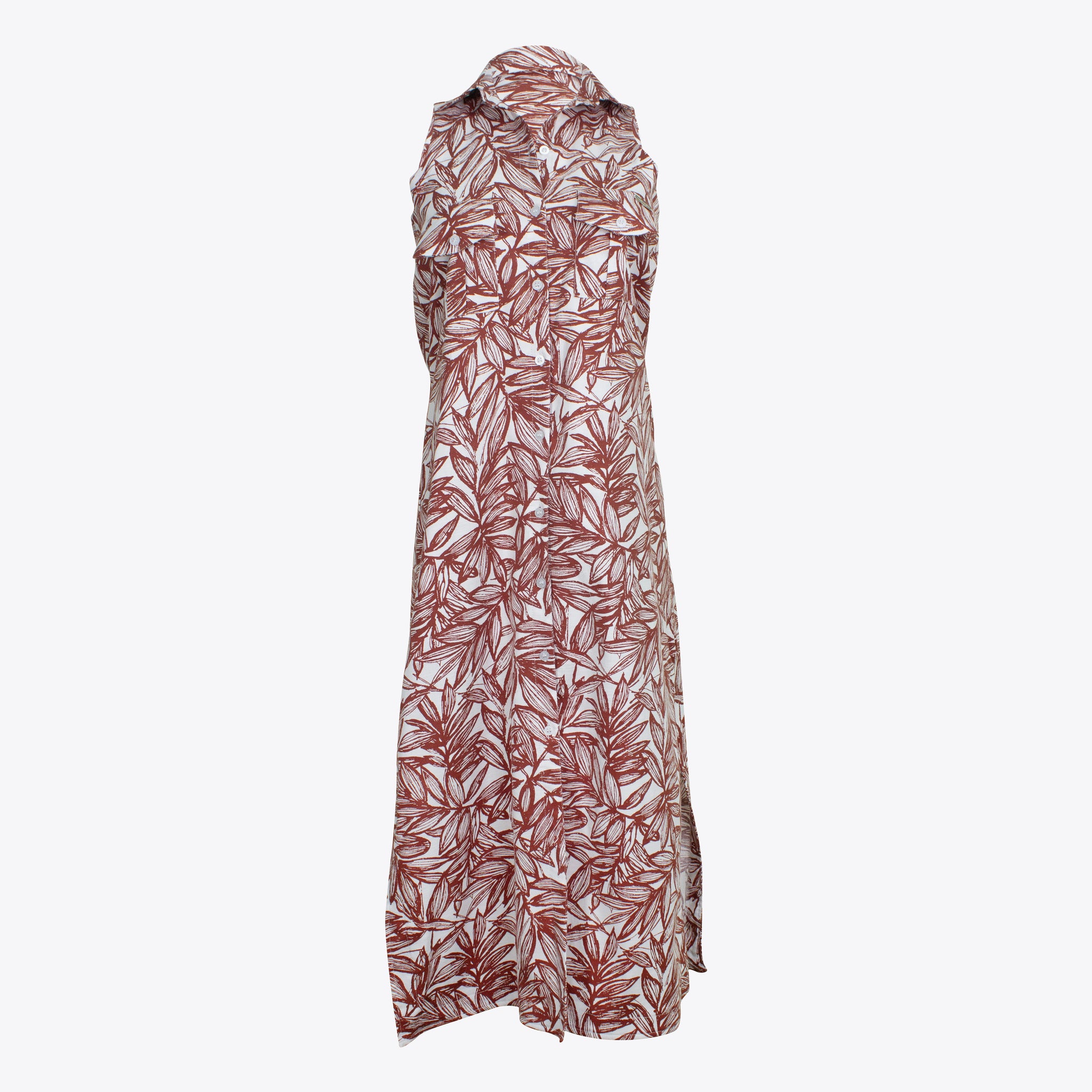 Vestido camisero maxi lino estampado vino