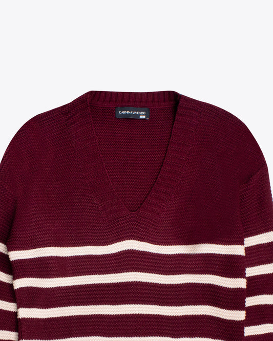 Sweater cuello V burgundy/rosa