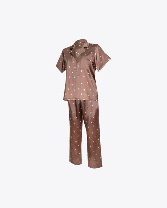Pijama cuello chaquetero mocca hearts seda