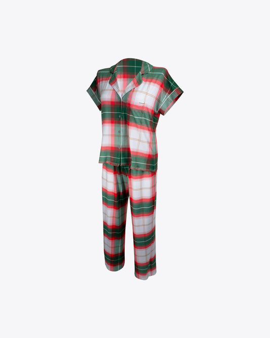 Pijama retro cuadros rojo/verde algodón