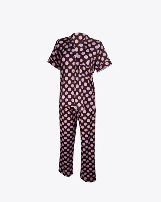 Pijama cuello chaquetero polka brown algodón