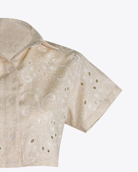 Camisa crop lino brocado Nude